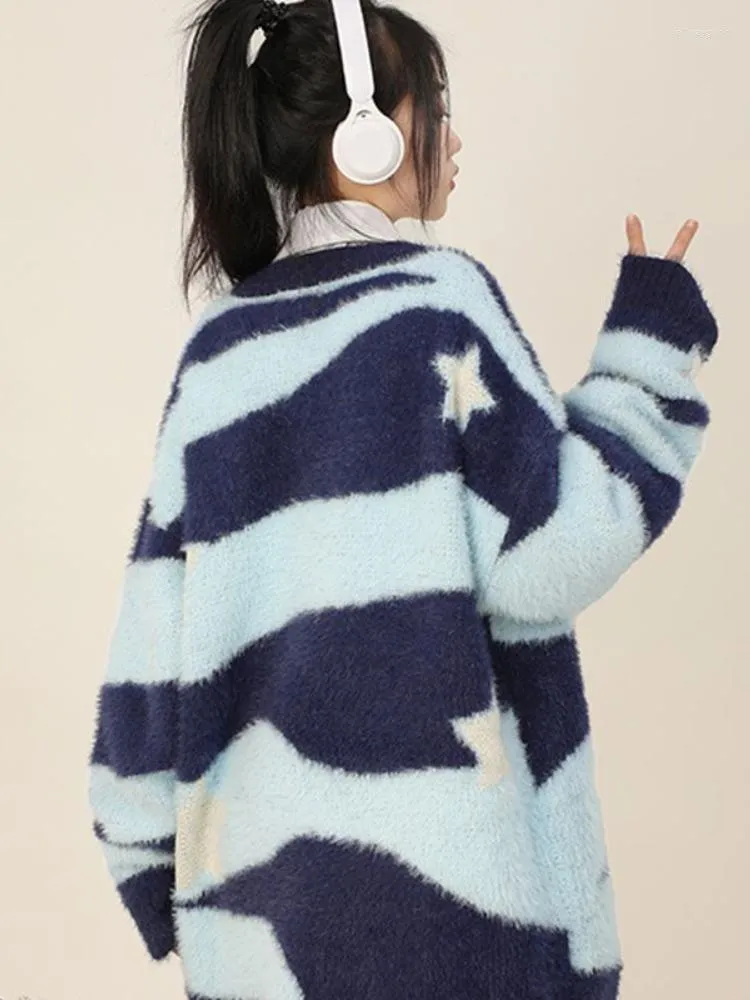 Cárdigan de punto con rayas Korobov para mujer, cárdigan de colores contrastantes, estilo Y2k Harajuku, cuello de pico, suéter de gran tamaño, moda coreana