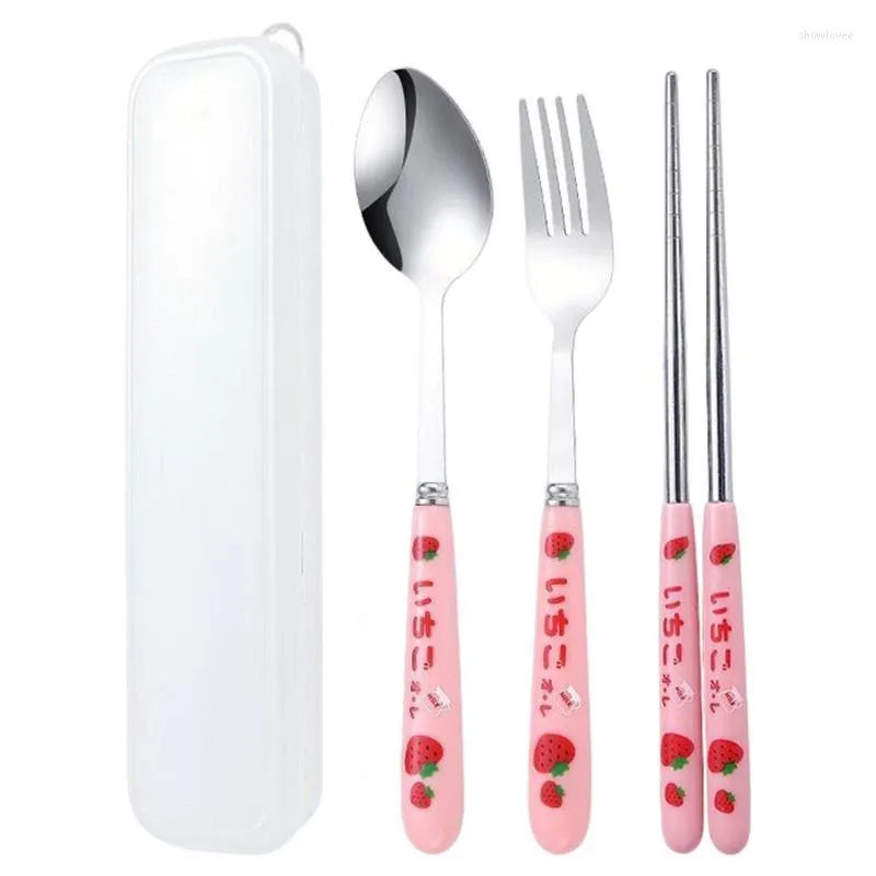 Ensembles de vaisselle ensemble de couverts en acier inoxydable vaisselle portable baguettes d'impression de fraise réutilisables cuillère fourchette avec étui