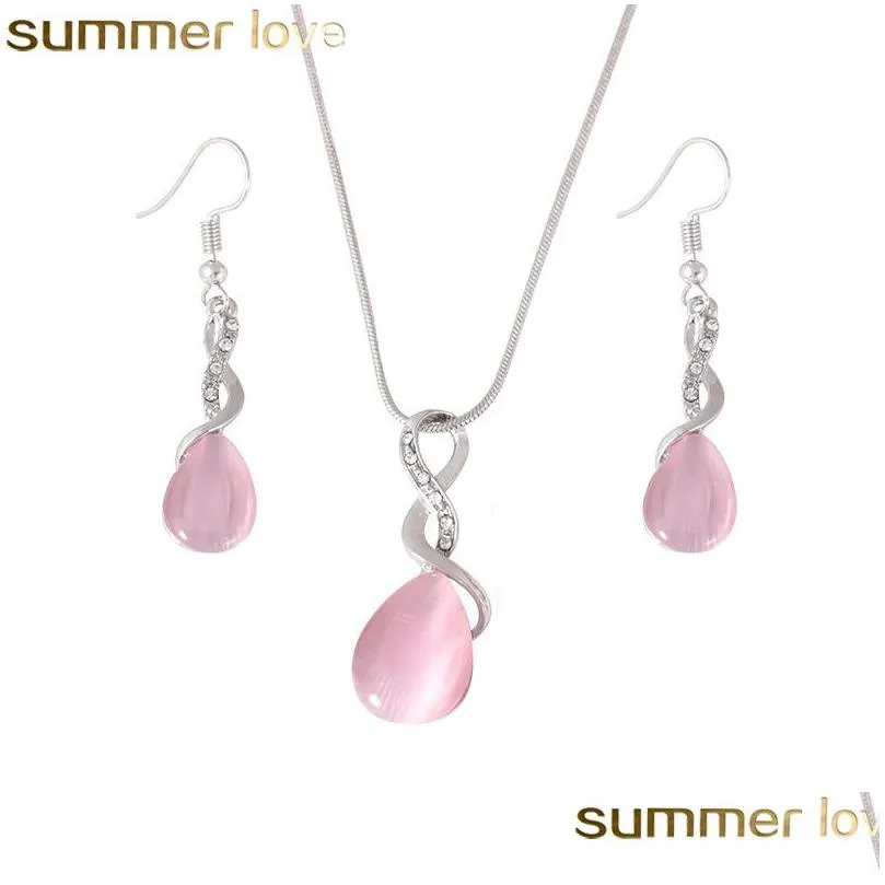 Orecchini Collana Design Opale rosa e anello Set di gioielli Gemma naturale Pietra Orecchini a goccia d'acqua Per le donne Set di consegna Dhfmu