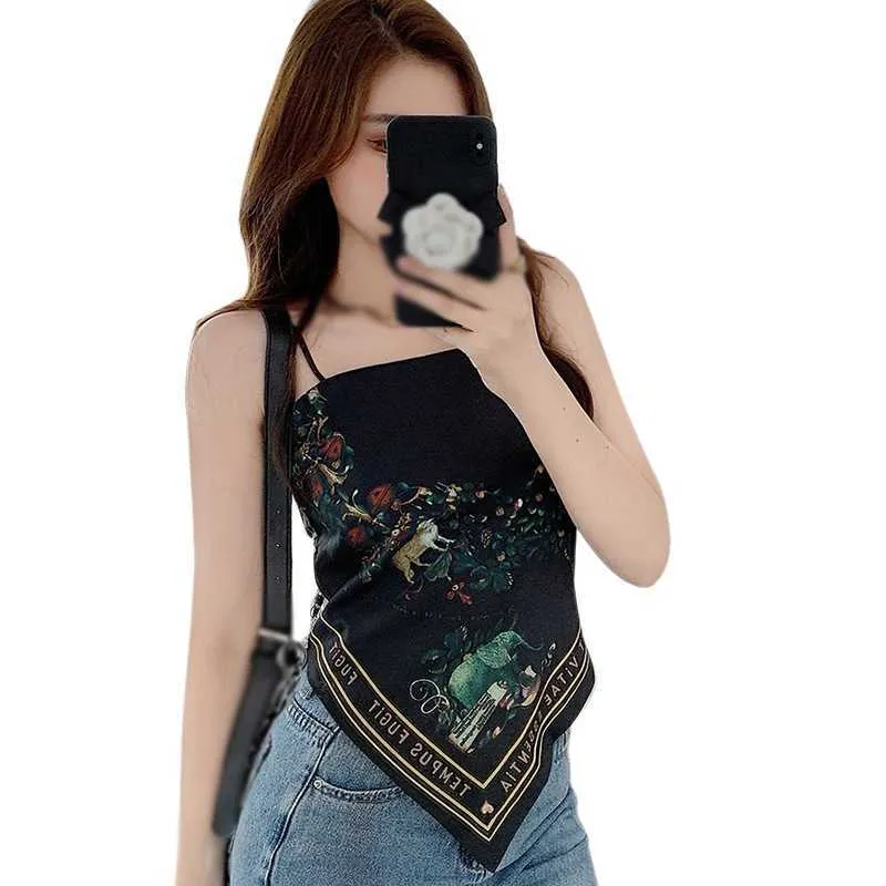 Tanks Camis Coral Da Xin Retro Printed Irregular Crop Summer Bow Back Strapless Slim Sexy Short Fit Women's Tank Top P230526