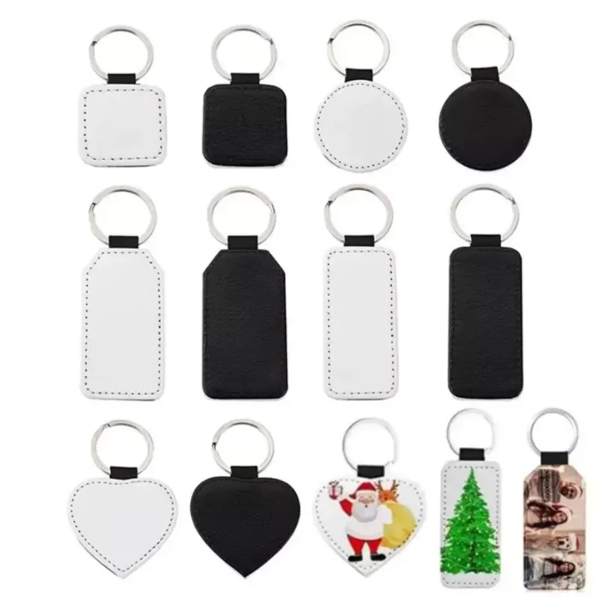 Sublimation Blanks PU Leather Keychain With Key Metal Ring Single Sided Printed Heat Transfer For Christmas Keyring DIY Supplies FY3566