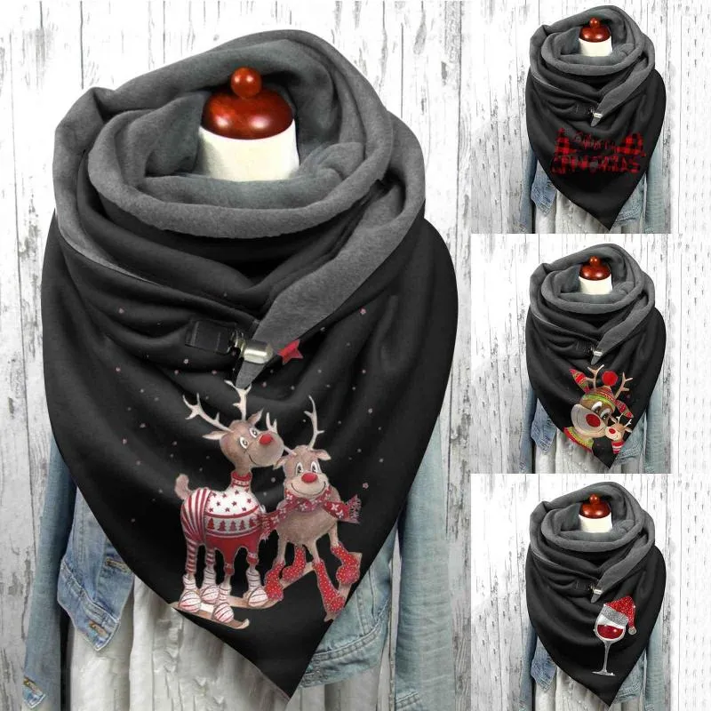 Scarves Fashion Santa Elk Print Christmas Scarf Women Winter Warm Button Soft Neck Wraps Female Velvet Hijabs Shawl Foulard Bufand