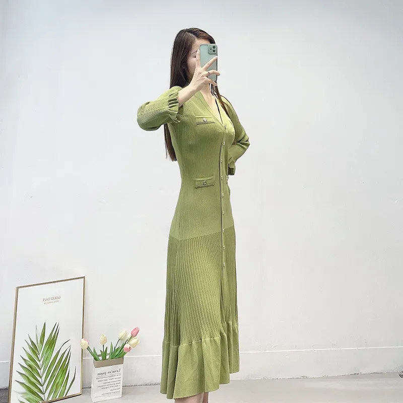 Casual Dresses Sandro Dress Green Ruffle Edge Single Breasted V