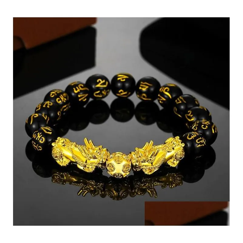 Kralen geluk rijkdom strengen armbanden zwarte obsidian kralen pixiu armband feng shui welvaart pi xiu voor mannen vrouwen sieraden cadeau dhvz8