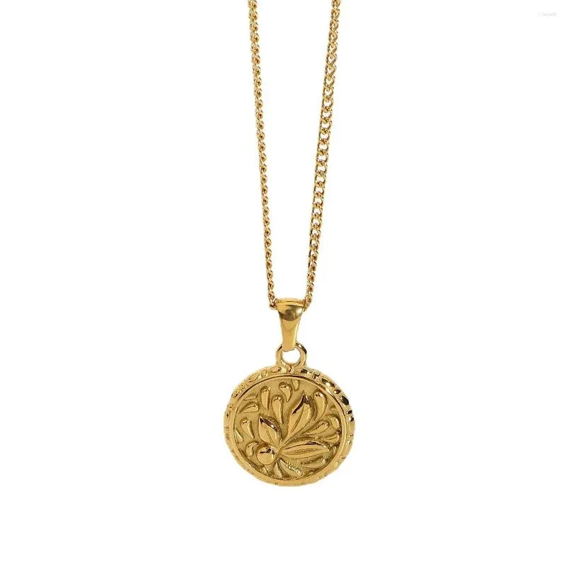 Pendentif Colliers Vintage Coin Or En Acier Inoxydable Fleur Collier À La Mode Femmes Bijoux Plaqué Rond Médaillon Rose Charmes