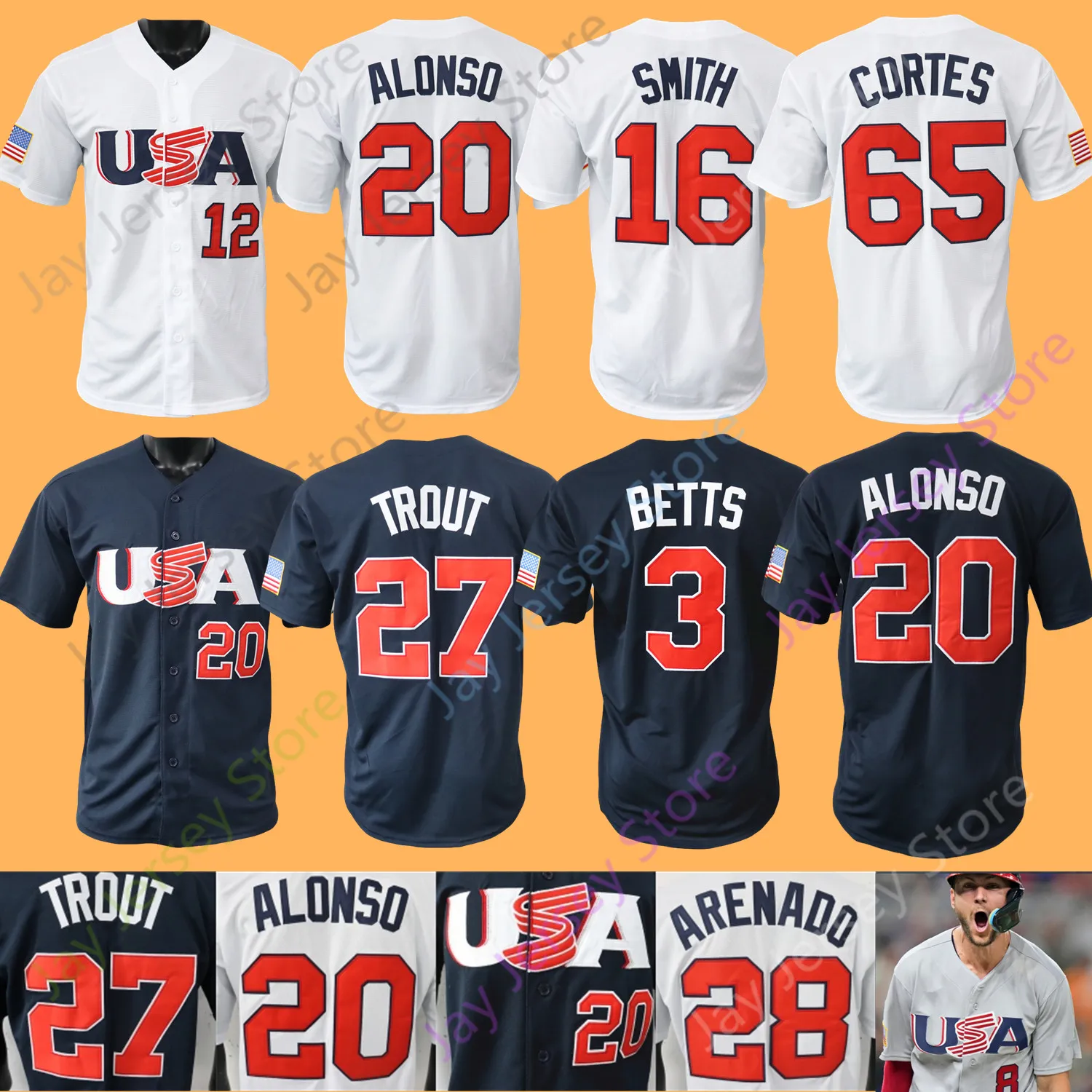 2023 Team USA 야구 저지 Mike Trout Bobby Witt Jr. Nolan Arenado Nestor Cortes Clayton Kershaw Realmuto Betts Tucker Schwarber Goldschmidt Alonso Anderson Kid