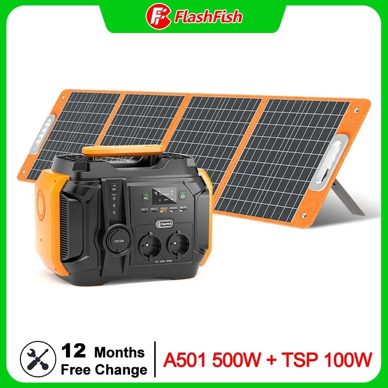 FF Flashfish 540Wh Backup Litium Batteri 500W Pure Sine Wave AC Outlet Solar Generator med 18V 100W Solar System Set