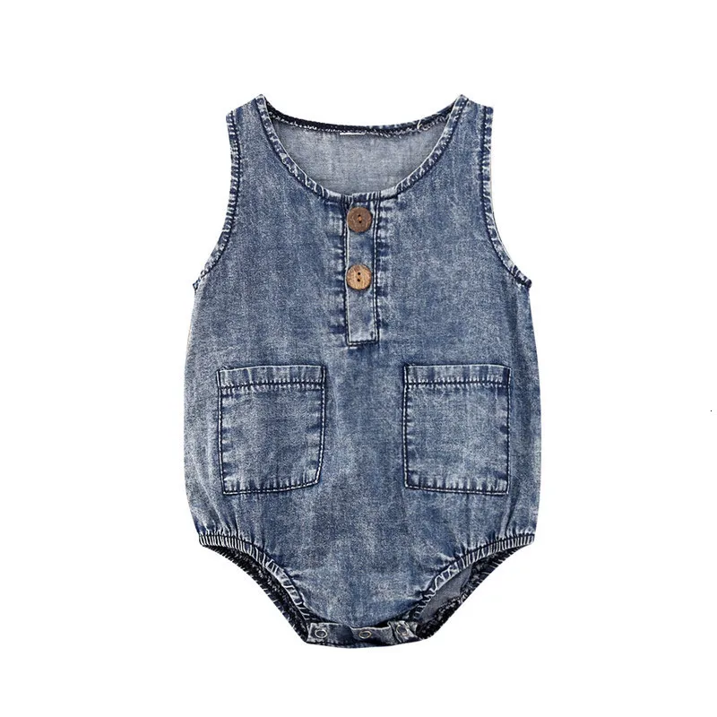 Rompers Baby Summer Denim Toddler Born Boys Dziewczęta Butla Kieszonkowa Kieszonka Koszyka Skoczni Casual Ubrania 230525