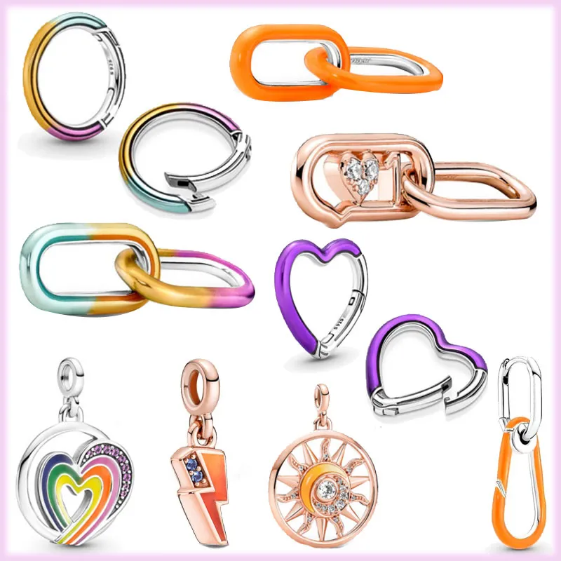 2023 Été 925 Stering Argent Tie-dye Double Lien Orange Lien Coeur Violet Connecteur Charm Fit Original Pandora Me Bracelet Bijoux DIY