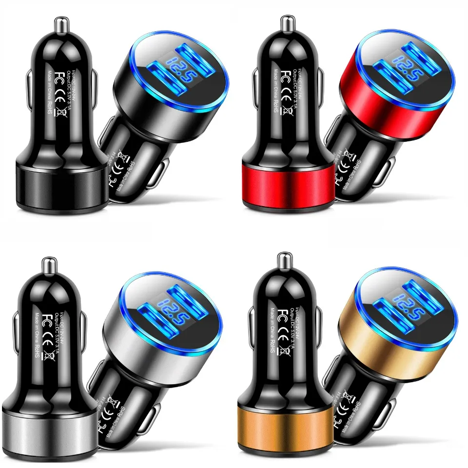 Universal 12V-24V Fast Dual USB Car Charger Adapter LED Display 5V 3.1A Auto ABS USB Car Phone Charger for iPhone 11 12 13 14 Huawei Android phone