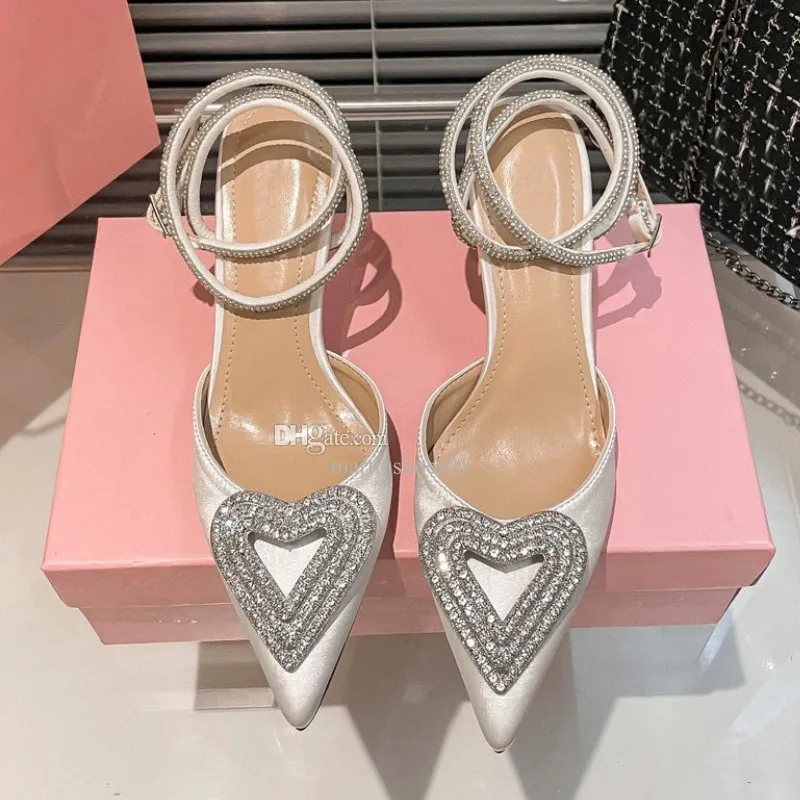 Heart shaped rhinestone sandals top luxury designer shoes women fashion platform shoes sexy pointed high heels satin lace up party shoes summer