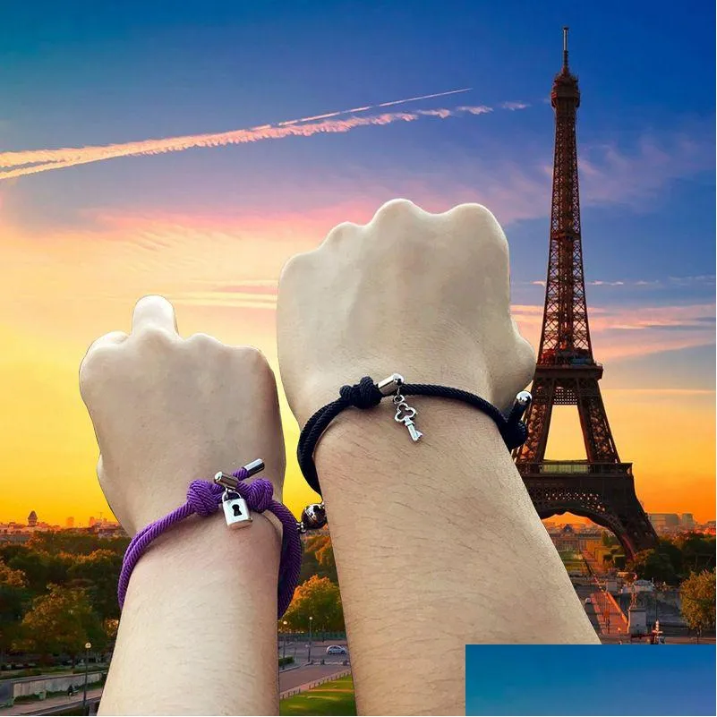 Pulseras con dijes Parejas magnéticas Amor Llave de bloqueo Relación de atracción mutua Juego de pulsera de cuerda de amistad Regalo para mujeres M Dhpuj