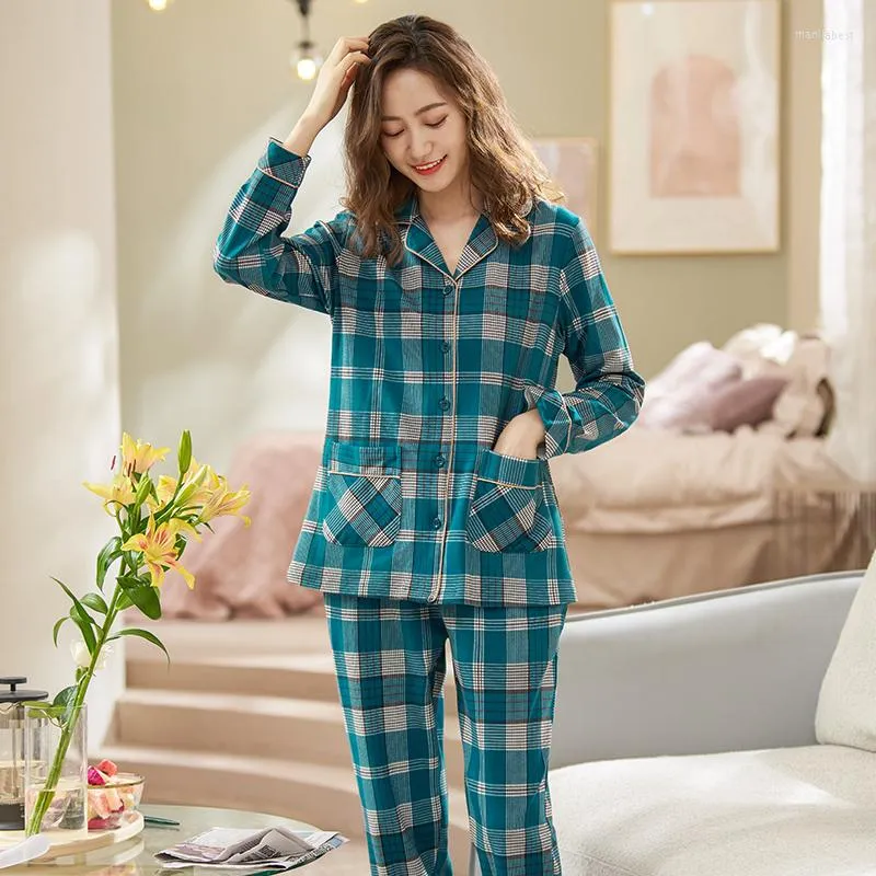 Vêtements de nuit pour femmes 2 pièces/ensembles femmes Plaid imprimé pyjamas ensembles à manches longues Homewear col rabattu pyjama printemps nuit costume M-3XL