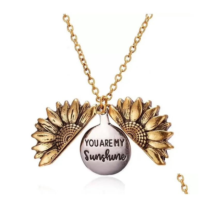 Pendant Necklaces You Are My Sunshine Sunflower For Women Gold Open Locket Long Chain Fashion Inspirational Jewelry Gift Wholesale D Dh3Qu