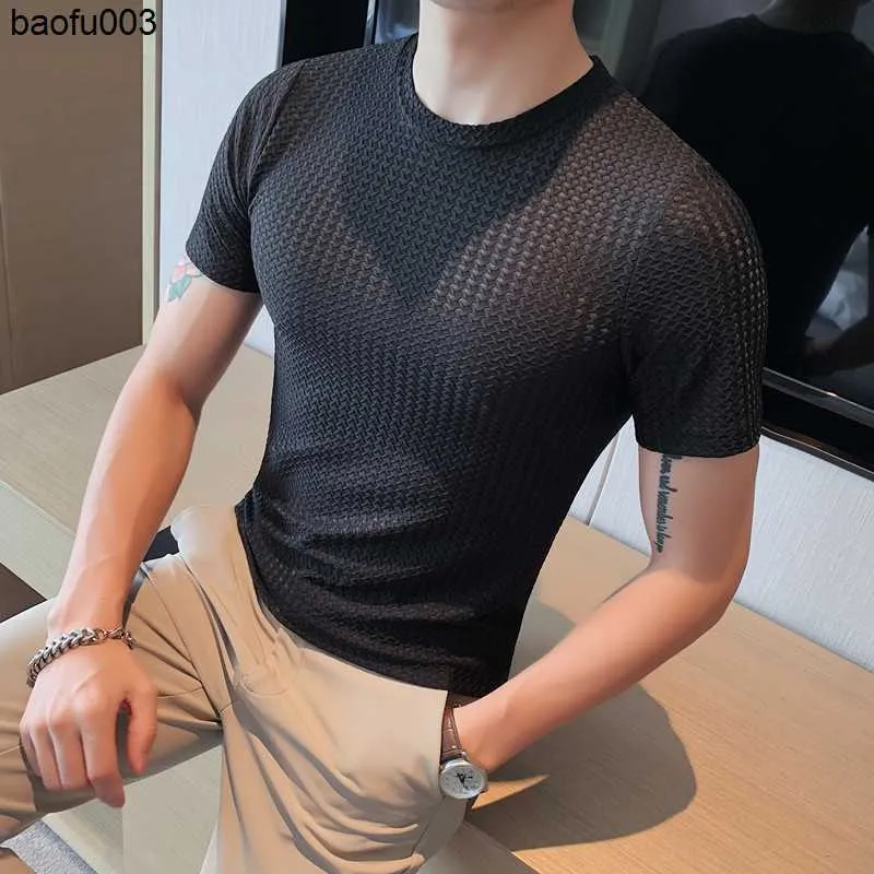 Mäns T-shirts 2022 Summer Men's Transparent Mesh Ice Silk T-shirts Män Kort ärm Runda hals ihålig T-shirt Male Casual Fitness Tee Tops J230526