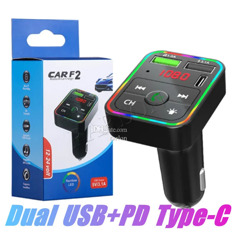 Rainbow LED Caricabatteria per auto Trasmettitori FM F2 BT5.0 Dual USB Ricarica rapida Porte PD di tipo C Ricevitore audio vivavoce Lettore MP3 automatico per telefoni cellulari