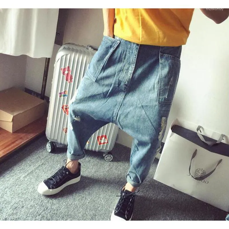 Jeans Homme Loose Baggy Casual Denim Pantalon Hip Hop Sarouel Bleu