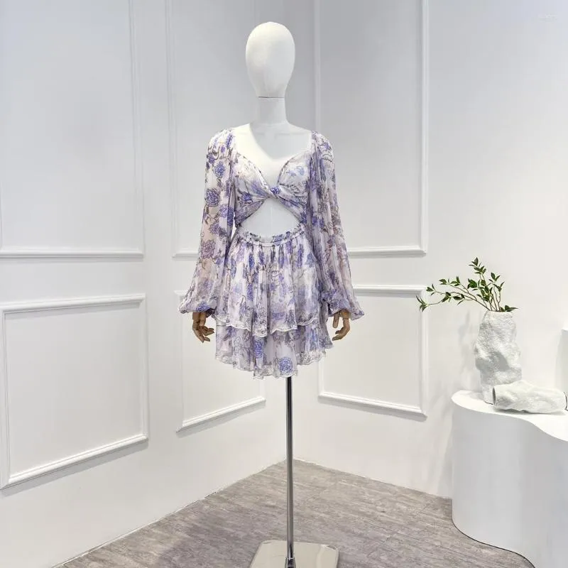 Casual Dresses Purple Floral Print Mini Dress Arrival Unique Design 2023 Spring Summer Cut Out Waist Belt Tiered Swing One-pieces For Party