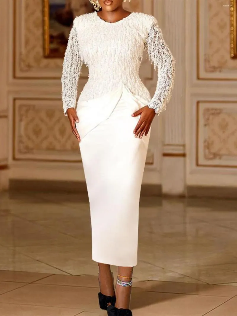 Robes décontractées femmes blanc formel à manches longues col rond glands dentelle couture robe mi-longue robe de soirée printemps 2023 Vestido Feminino
