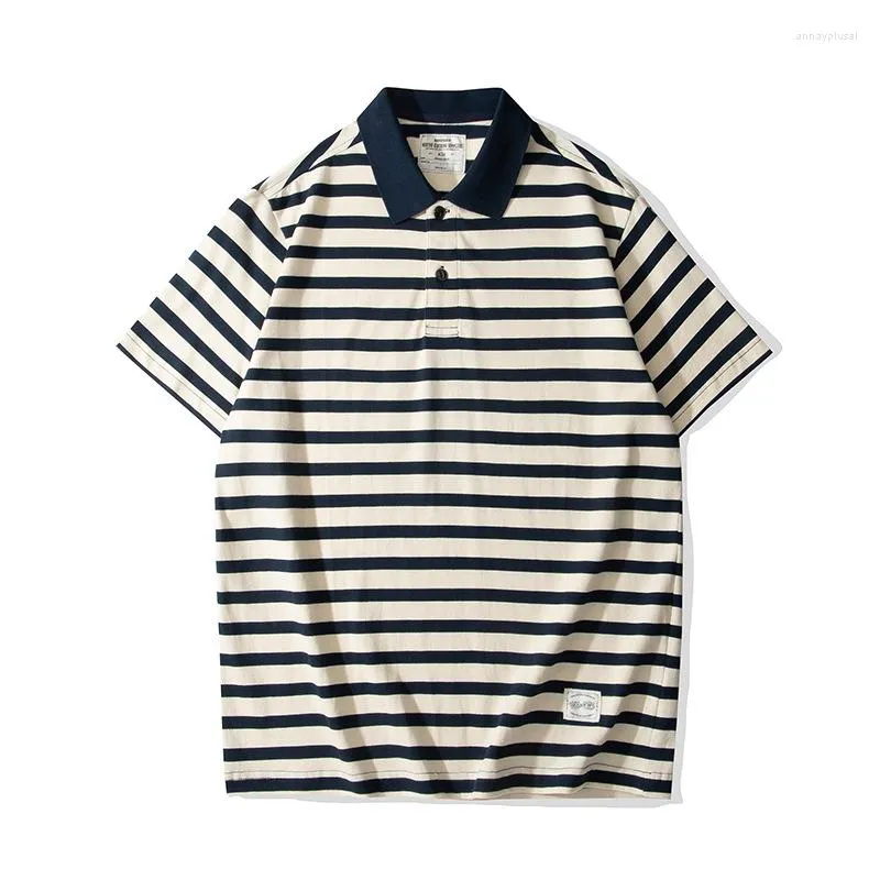 Men's Polos Summer American Retro Navy Stripe Fashion Polo Shirt Men's Simple Pure Cotton Short Sleeve Youth Casual T-shir