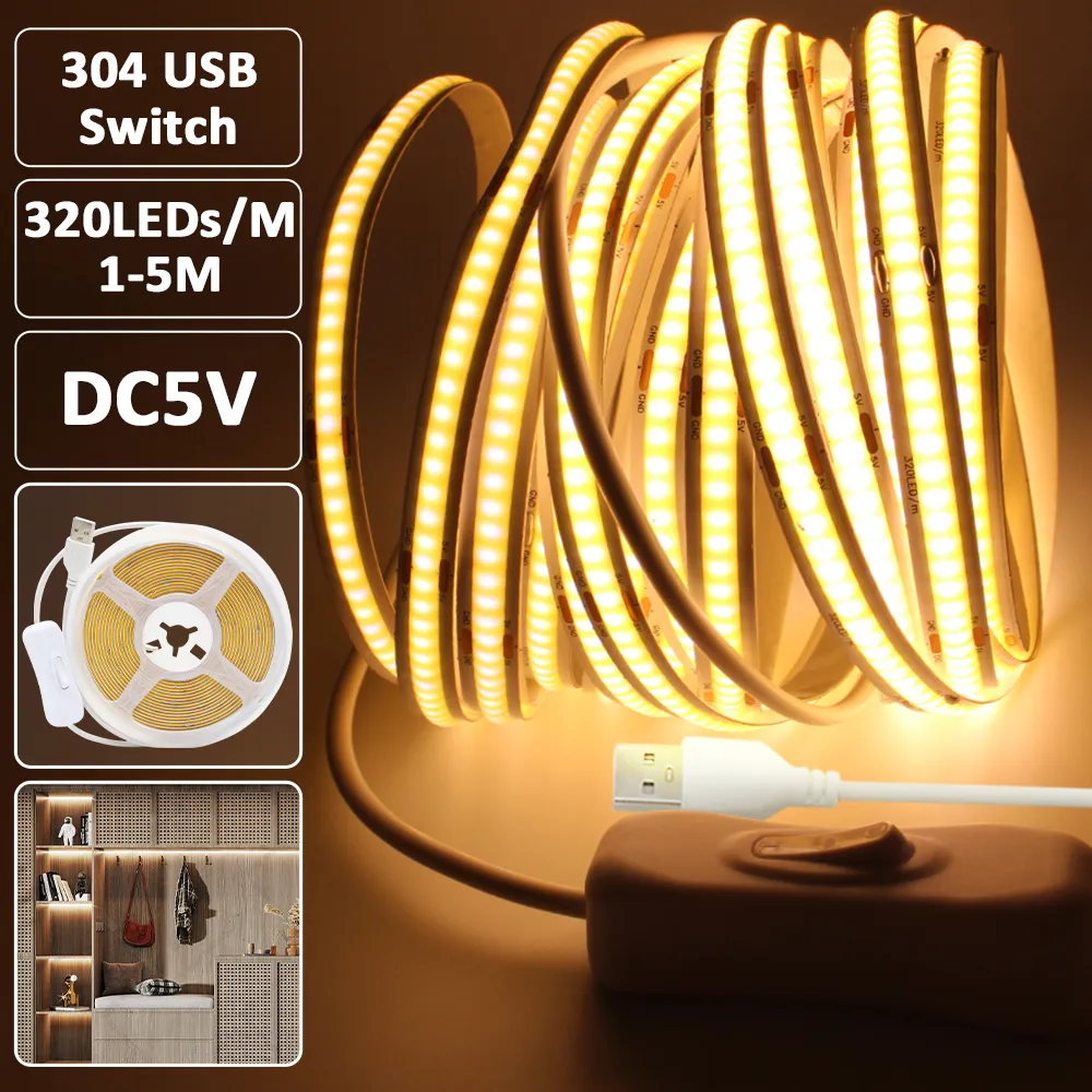 DC 5V COB LED 스트립 라이트 304 USB 스위치 켜기/끄기 플렉스 리본 320 LED/M 램프 부엌 옷장 캐비닛 백라이트 홈 조명