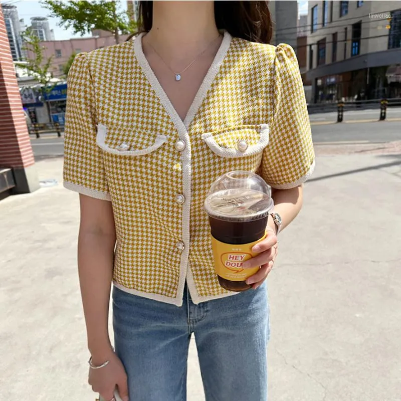 Women's Jackets Korean Summer Outerwear V Neck Houndstooth Jacket Pearl Button Loose Short Sleeve Cardigan Casual Women Clothes