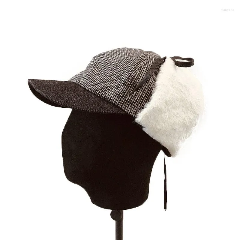 Czapki kulkowe zimowe czapki ciepłe unisex baseball dla kobiet mężczyzn Plaid elastyczna miękka pluszowa ochrona klapy ucha