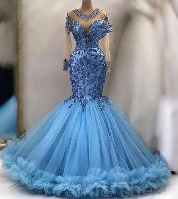 Sky Blue Mermaid Long Sleeve Evening Occasion Dresses 2023 Gillter Beaded Applique Aso Ebi Princess Prom Engagement Gown