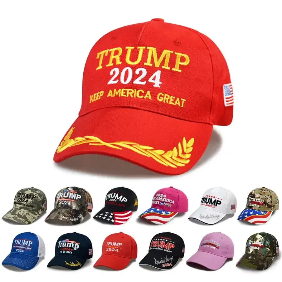 DHgate Trump 2024 Embroidered Baseball Cap USA Flag Snapback Hat Keep America Great 3D Letter Embroidery Presidential Campaign Hat Home Garden