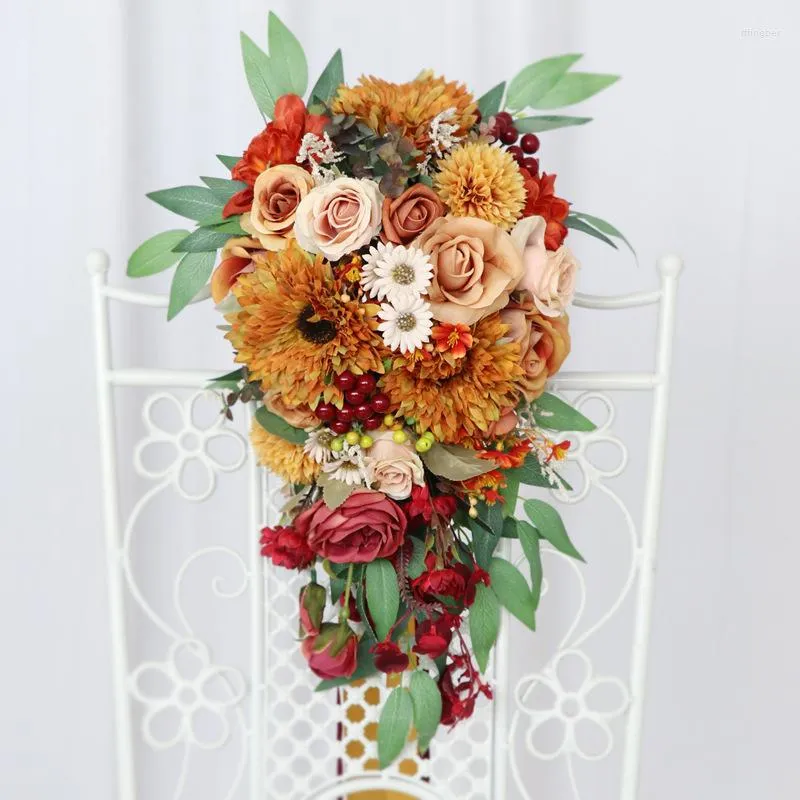 Decorative Flowers Teardrop Shaped Sunflower Bride Bouquet European Wedding Waterfall Holding Artificial Flower Props Scene Decoration