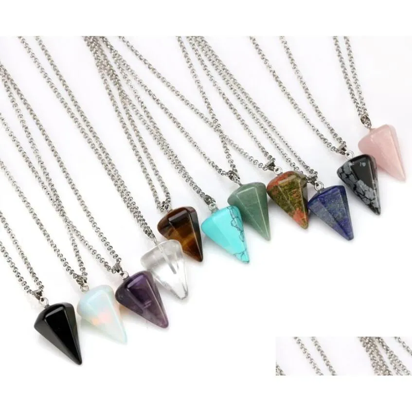 Hänge halsband naturliga ädelsten halsband kristallläkning chakra reiki sten hexagonal prisme cone pendum charm droppleverans jude dh2oc