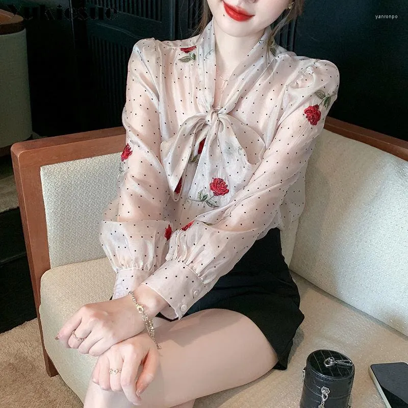 Dames blouses Koreaanse veer boog veter omhoog lange mouw vrouwen bloemenprint chiffon blouse shirt top golfpunt elegant rozen borduurwerk zoet