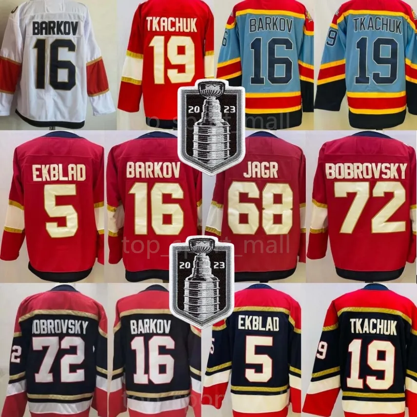 2023 2024 하키 19 Matthew Tkachuk Jerseys 5 Aaron Ekblad 16 Aleksander Barkov Sergei Bobrovsky 리버스 레트로 패치 아이스 팀 네이비 레드 흰색 스티치