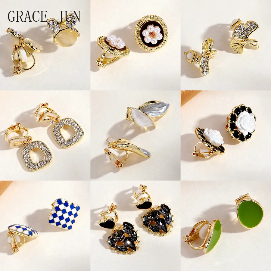 GRACE JUN New Arrival Clip on Earrings for Women's Fashion Pearl Enamel No Pierced Earrings Gold Color Cuff Earrings Ear Clip