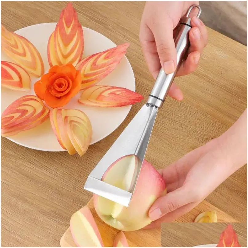 Fruit Vegetable Tools Stainless Steel Carving Knife Triangar Shape Slicer Platter Nonslip Blade Kitchen Tool Drop Delivery Home Ga Dhgcn