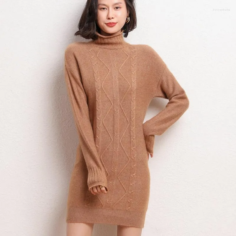 Casual Dresses Women's Half Turtleneck Knittad tröja Fall/vinter Lös mitten av längd Pullover Dress Fashion Chic Pure Wool Base Shirt