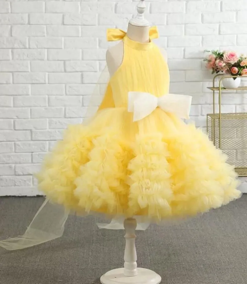 Vestidos de menina vestido de flor fofa amarelo princesa de aniversário de Natal, vestido de crianças fofas