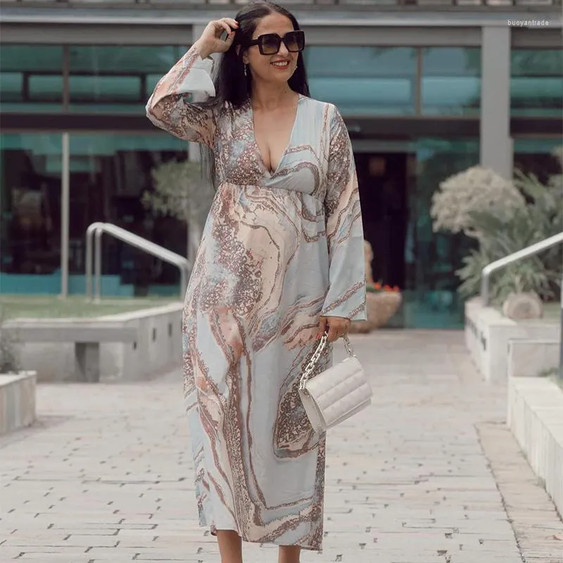 Casual Dresses Yeezzi Female Summer Dress Fashion Original Contrast Color Pleated Printed Long Sleeves Loose V-Neck Maxi For Women 2023