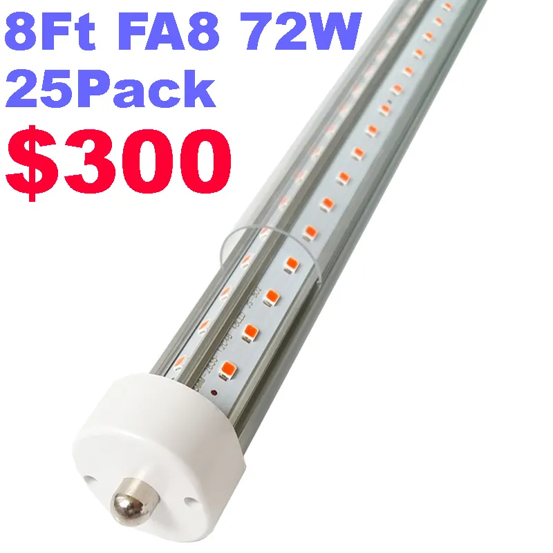 Tubo de luz LED de 8 pies, base FA8 de un solo pin, 144 W, 18000 lm, 6500 K, blanco, bombillas fluorescentes LED en forma de V de 270 grados (reemplazo de 250 W), cubierta transparente, alimentación de dos extremos usastar