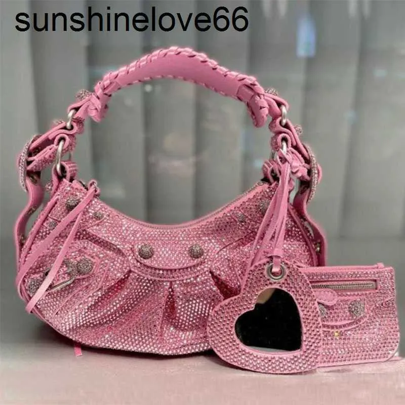 Sac à main de moto strass sac à bandoulière 5a qualité sacs à bandoulière en cuir véritable en forme de coeur miroir pendentif fermeture à glissière femmes demi-lune pochette sac à main