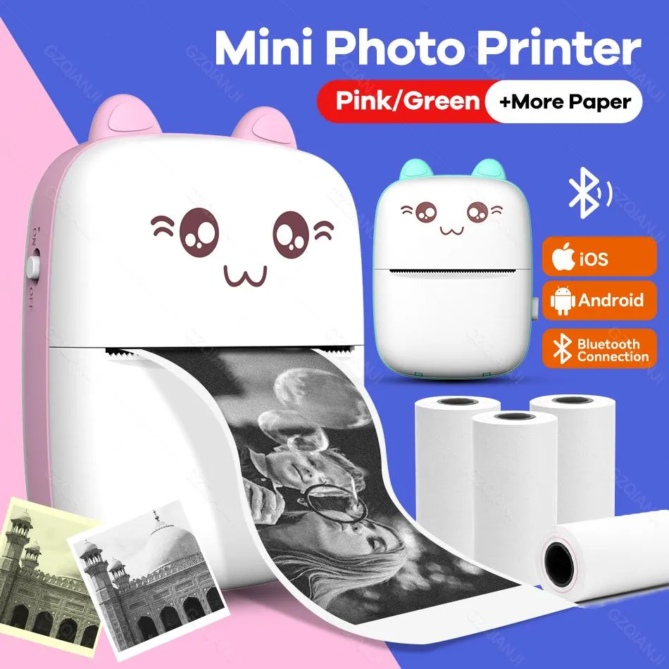 Impressoras portáteis mini sem fio térmico impressora bolso de bolso de adesivo fofo rolo de papel para Android iOS Diy Use Notes Printer