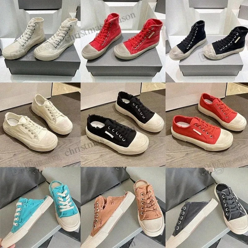 Canvas Shoes Rubber Sneakers Classic Fashion New Vintage Distressed High Top Wash Old Effect Vulcanized Sole Half Slippers Black White Red Couple Balencaiga