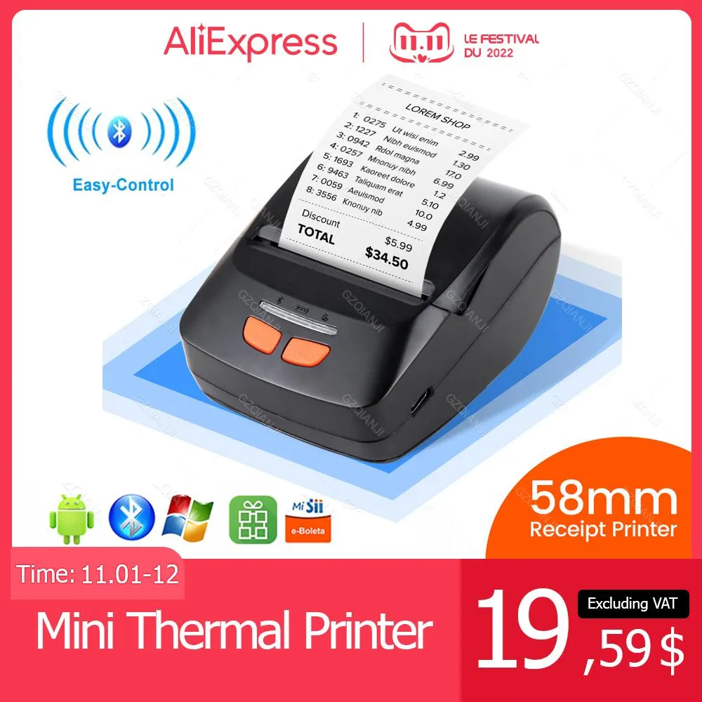 Impressoras de impressoras térmicas Bluetooth Mini portátil celular celular 58mm Recebimento Ticket Bill Papers Roll Roll Wireless Impresora