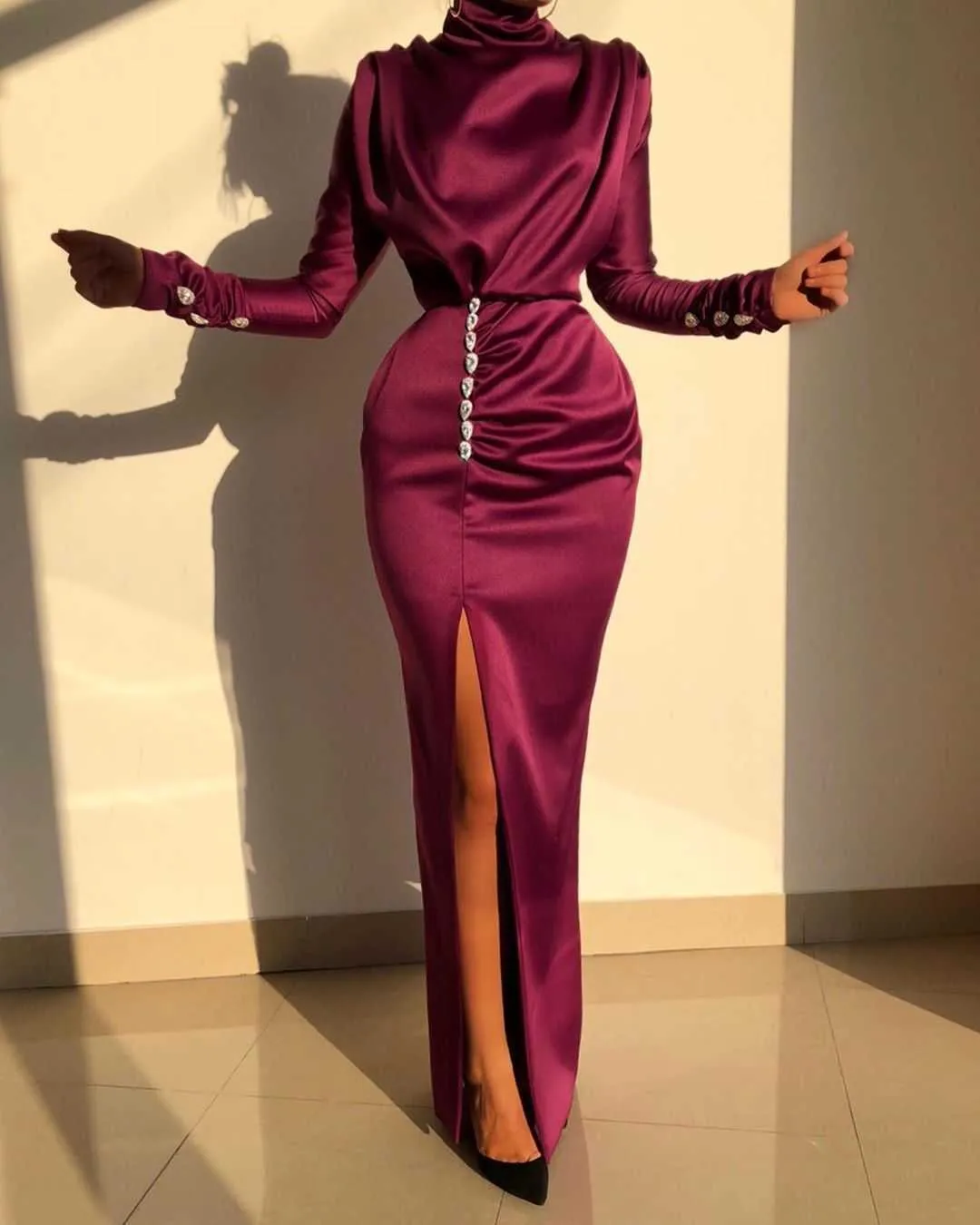 Women's long sleeved split skirt drop diamond high neck high waist split dress