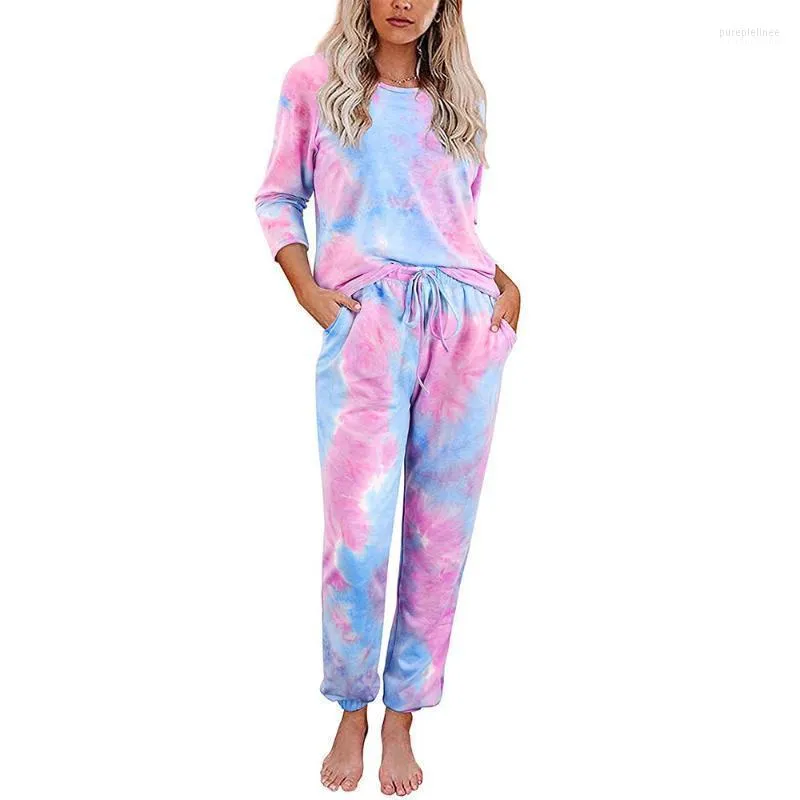 Survêtements pour femmes Outer Wear Home Set 2023 Femmes Automne / Hiver Tie-dye Imprimé Pantalon à manches longues Split Pyjama Lady 2 pièces Costume de sport