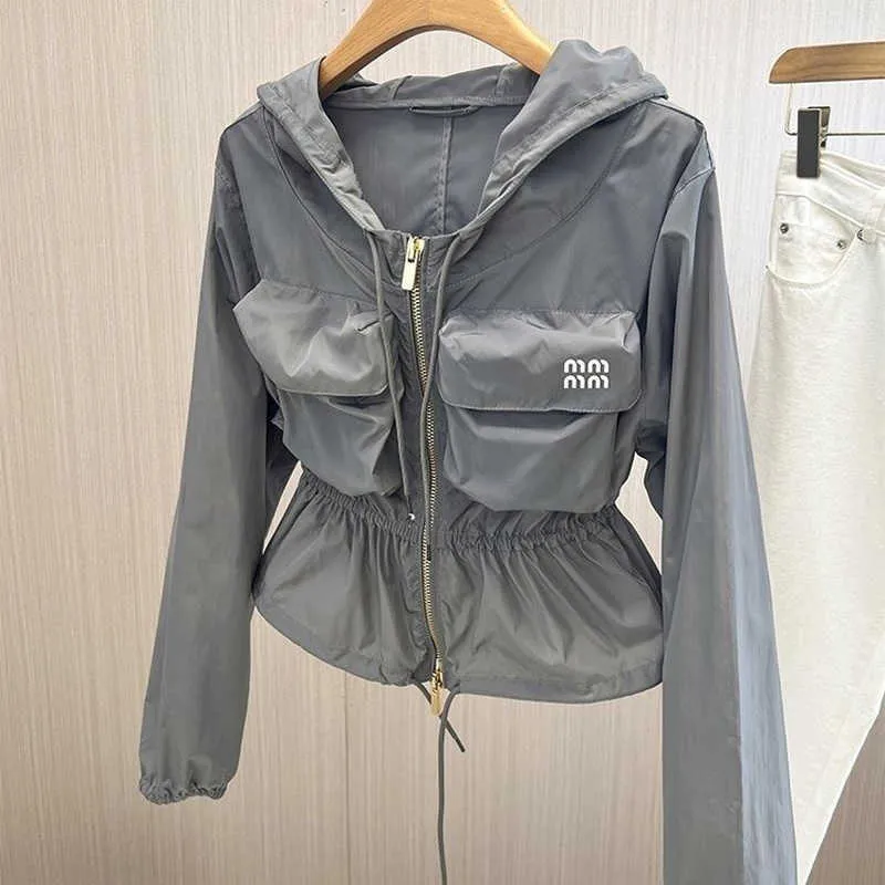 Miu Jackets women's designer jacket gray drawstring hooded coat women summer loose casual waist short jacket sun protection clothing