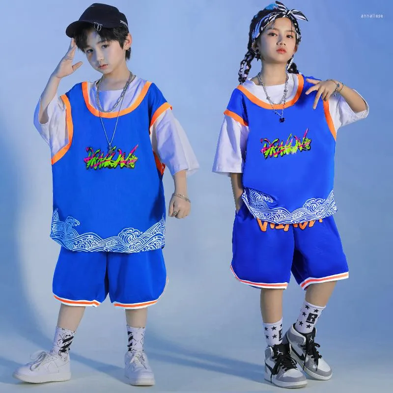 Scene Wear Kids Performance Outfits Hip Hop Clothing Blue Tee Tops Summer Shorts For Girl Boy Jazz Dance Costume Teenage Clothes