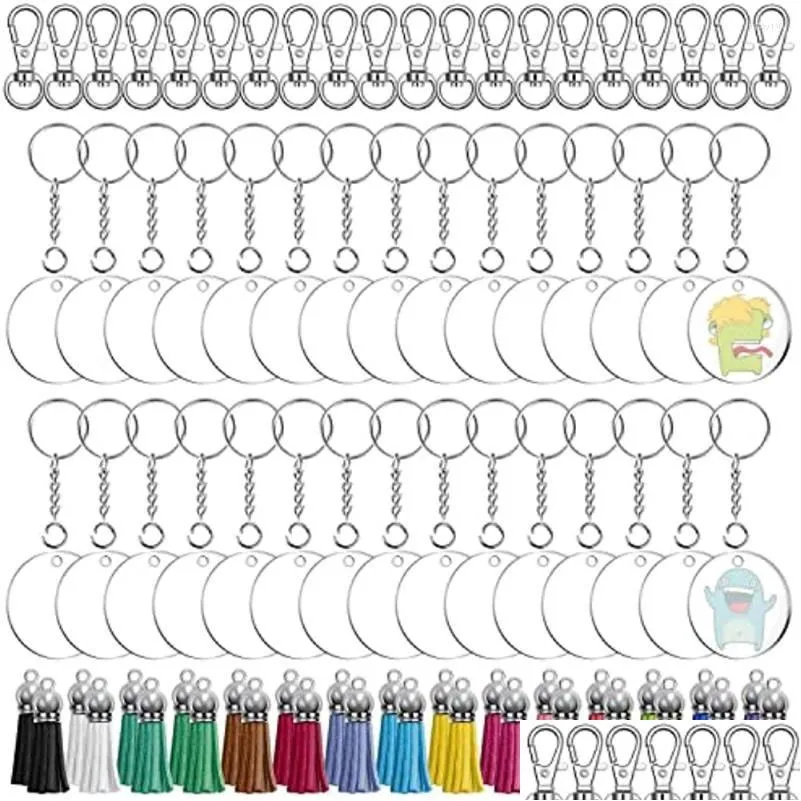 Keychains Lanyards 150PCS Kit Clear Acryl BLANKS Keychain Clips Rings Jump Tassels voor het maken van vinylprojecten DIY Gift Drop del Dhqrc