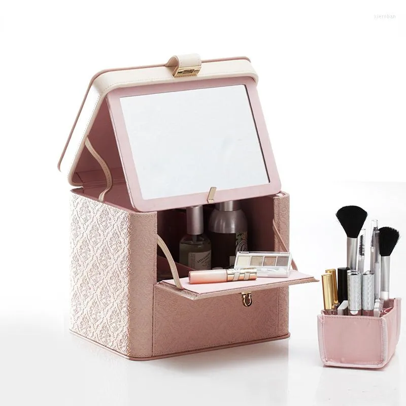 Storage Boxes Travel Makeup Boxs Gift Portable Mirrormirror Lipstick Brush Holder Box Design Cosmetic Skincare Cajas Household Items