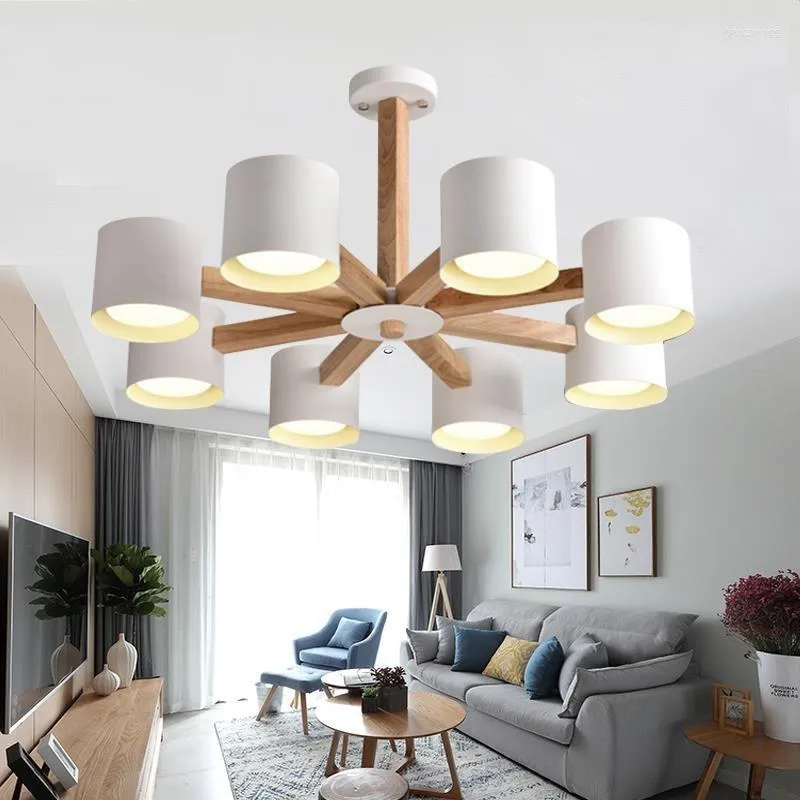 Chandeliers Modern Wood Chandelier With Iron White Lampshade Lamp Body Living Room Bedroom Kitchen Wooden Lighting Fixtures